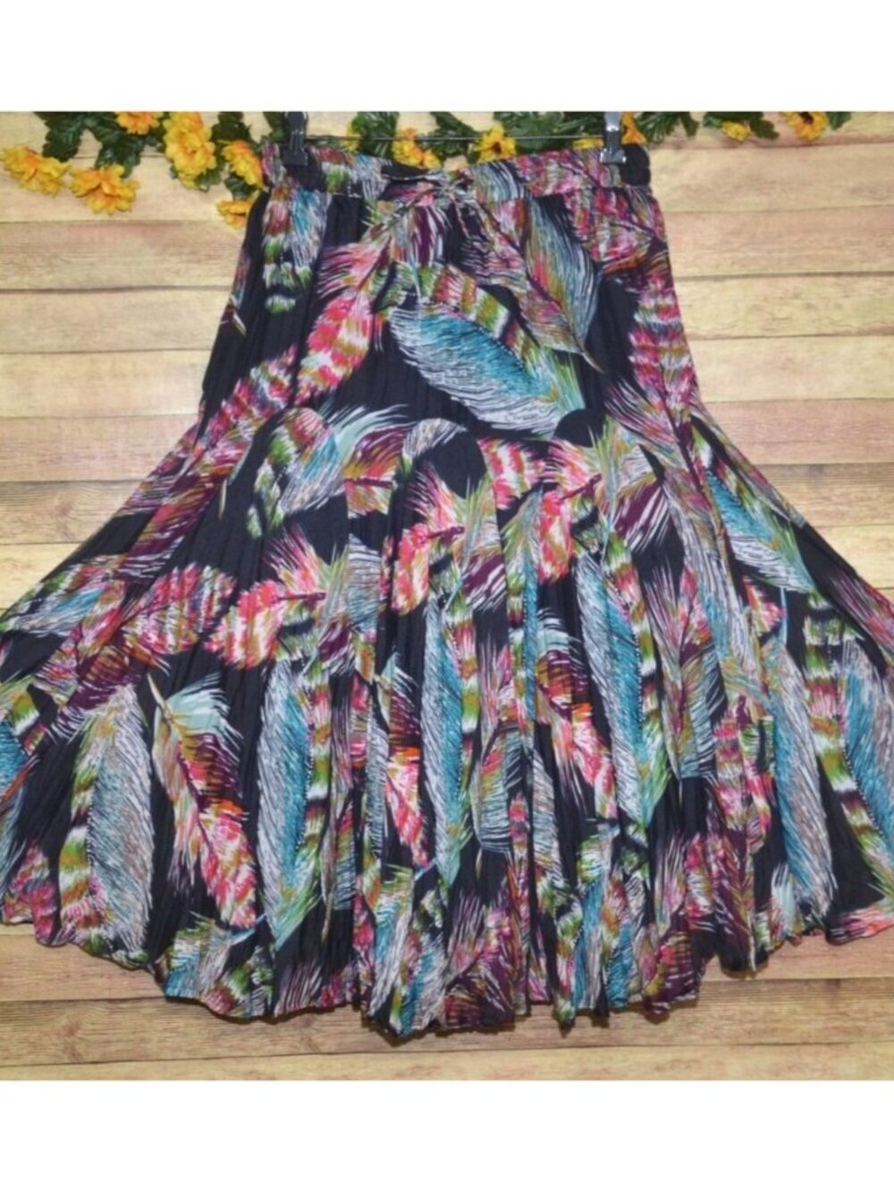 Mix Nouveau Colorful Feathers Maxi Skirt Size M Gypsy Boho Festival Art to Wear